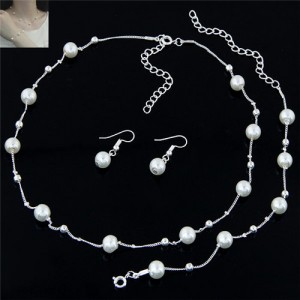 Pearl Embellished Graceful Design Sweet Fashion Necklace Bracelet and Earrings Set - Silver