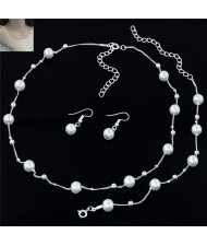 Pearl Embellished Graceful Design Sweet Fashion Necklace Bracelet and Earrings Set - Silver
