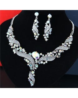 Rhinestone Embellished Graceful Spinning Design Luxurious Costume Necklace and Earrings Set