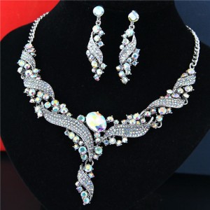 Rhinestone Embellished Graceful Spinning Design Luxurious Costume Necklace and Earrings Set