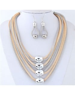 Alloy Beads Decorated Multi-layer Chains Costume Necklace and Earrings Set - Golden and Silver