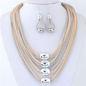 Alloy Beads Decorated Multi-layer Chains Costume Necklace and Earrings Set - Golden and Silver