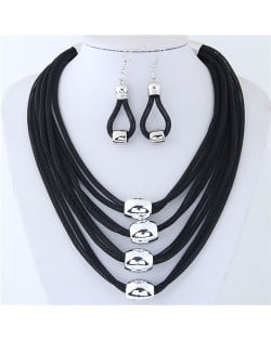 Alloy Beads Decorated Multi-layer Chains Costume Necklace and Earrings Set - Black