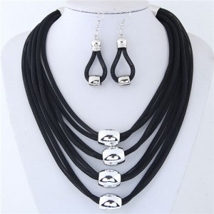 Alloy Beads Decorated Multi-layer Chains Costume Necklace and Earrings Set - Black
