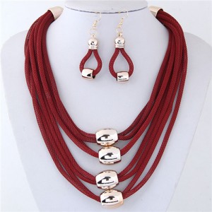 Alloy Beads Decorated Multi-layer Chains Costume Necklace and Earrings Set - Red