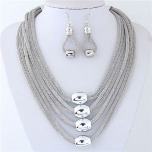 Alloy Beads Decorated Multi-layer Chains Costume Necklace and Earrings Set - Silver