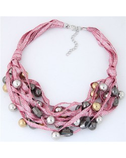Round Beads Rope Fashion Costume Necklace - Pink