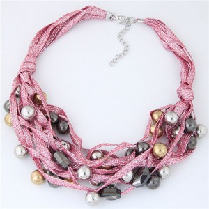 Round Beads Rope Fashion Costume Necklace - Pink