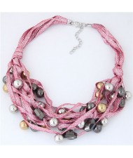 Round Beads Rope Fashion Costume Necklace - Pink