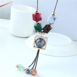 Candy Beads Tassel with Hollow Square Pendant Design Long Chain Costume Necklace