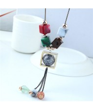 Candy Beads Tassel with Hollow Square Pendant Design Long Chain Costume Necklace