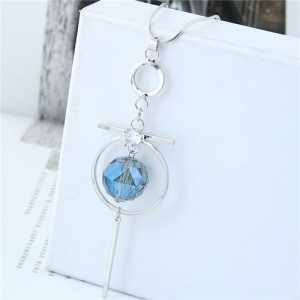 Blue Crystal Ball Inlaid Hoop Pendant Tassel Fashion Statement Necklace