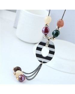 Candy Beads Black and White Oval Pendant Tassel Design Women Statement Necklace