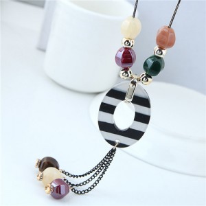 Candy Beads Black and White Oval Pendant Tassel Design Women Statement Necklace