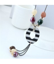 Candy Beads Black and White Oval Pendant Tassel Design Women Statement Necklace