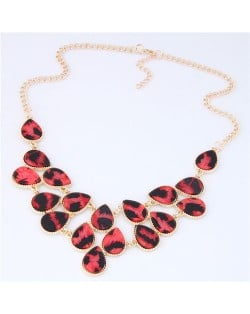 Leopard Prints Waterdrops Combo Design Women Fashion Statement Necklace - Red