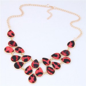 Leopard Prints Waterdrops Combo Design Women Fashion Statement Necklace - Red