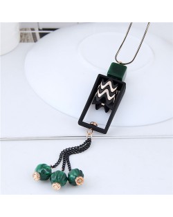 Waves Hollow Square Pendant with Tassel Design Long Chain Costume Necklace