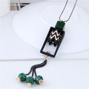 Waves Hollow Square Pendant with Tassel Design Long Chain Costume Necklace