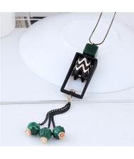 Waves Hollow Square Pendant with Tassel Design Long Chain Costume Necklace