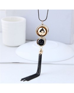 Dual Beads Inlaid Hoops Design Tassel Chain Long Style Fashion Necklace