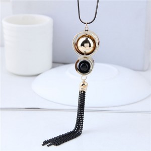 Dual Beads Inlaid Hoops Design Tassel Chain Long Style Fashion Necklace