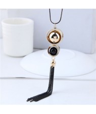Dual Beads Inlaid Hoops Design Tassel Chain Long Style Fashion Necklace