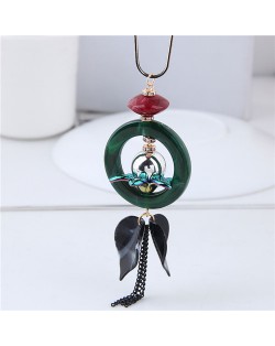 Flower Inlaid Hoop Pendant with Leaves and Chain Tassel High Fashion Costume Necklace
