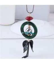 Flower Inlaid Hoop Pendant with Leaves and Chain Tassel High Fashion Costume Necklace