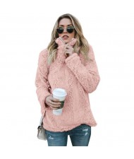 Fluffy Texture High Collar Autumn/ Winter Fashion Women Top - Pink
