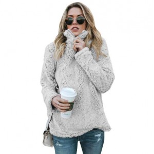 Fluffy Texture High Collar Autumn/ Winter Fashion Women Top - Gray