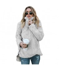 Fluffy Texture High Collar Autumn/ Winter Fashion Women Top - Gray