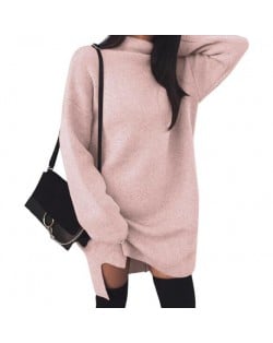 Knitted High Neck Fashion Long Sleeves One-piece Women Dress - Pink