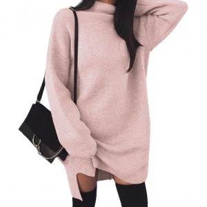 Knitted High Neck Fashion Long Sleeves One-piece Women Dress - Pink