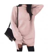 Knitted High Neck Fashion Long Sleeves One-piece Women Dress - Pink