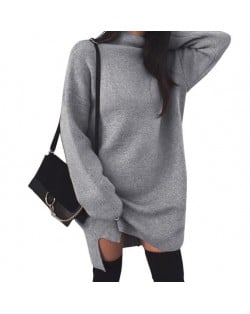 Knitted High Neck Fashion Long Sleeves One-piece Women Dress - Gray