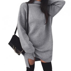 Knitted High Neck Fashion Long Sleeves One-piece Women Dress - Gray