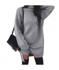 Knitted High Neck Fashion Long Sleeves One-piece Women Dress - Gray
