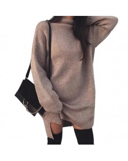 Knitted High Neck Fashion Long Sleeves One-piece Women Dress - Brown