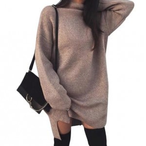 Knitted High Neck Fashion Long Sleeves One-piece Women Dress - Brown
