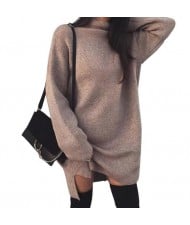 Knitted High Neck Fashion Long Sleeves One-piece Women Dress - Brown