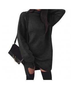 Knitted High Neck Fashion Long Sleeves One-piece Women Dress - Black