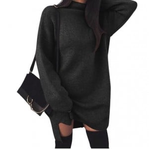 Knitted High Neck Fashion Long Sleeves One-piece Women Dress - Black