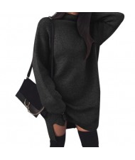 Knitted High Neck Fashion Long Sleeves One-piece Women Dress - Black