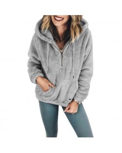 Fluffy Style Winter High Fashion Hooded Women Top/ Jacket - Gray