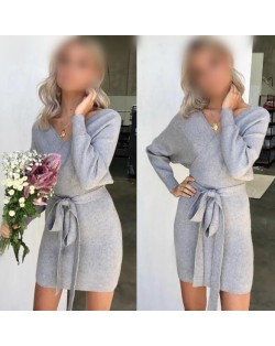 Knitted Texture V Neck Fashion Long Sleeves One-piece Autumn/ Winter Fashion Short Women Dress - Gray