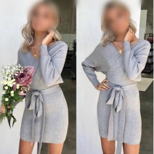 Knitted Texture V Neck Fashion Long Sleeves One-piece Autumn/ Winter Fashion Short Women Dress - Gray
