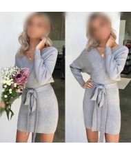 Knitted Texture V Neck Fashion Long Sleeves One-piece Autumn/ Winter Fashion Short Women Dress - Gray