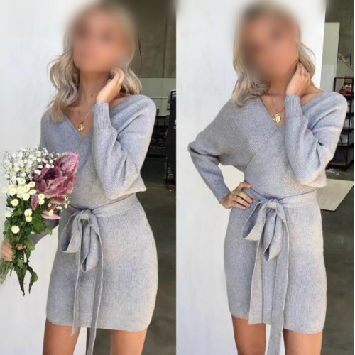 Knitted Texture V Neck Fashion Long Sleeves One Piece Autumn Winter Fashion Short Women Dress Gray