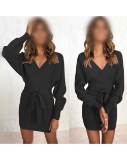 Knitted Texture V Neck Fashion Long Sleeves One-piece Autumn/ Winter Fashion Short Women Dress - Black